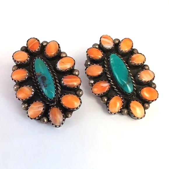 L. Bahe Native American Sterling Silver Turquoise & Spiny Oyster Signed Earrings - Picture 3 of 16